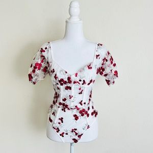 White & Red Mesh Floral Embroidered Bustier Corset Puff Sleeve Bodysuit